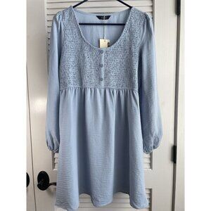 Dokotoo Lt Blue Smocked Button Up Long Sleeve Empire Waist Dress Sz S NWT